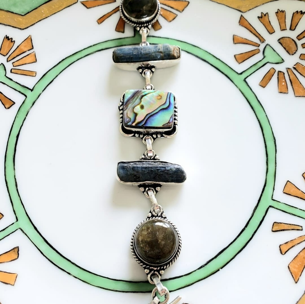 Bracelet, abalone kyanite Labradorite & silver.